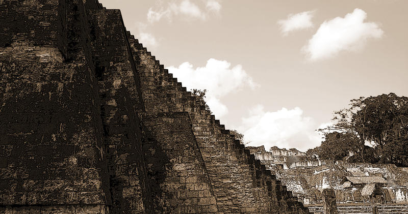 Steep Steps up the side of a mayan temples at Tikal Guatemala.